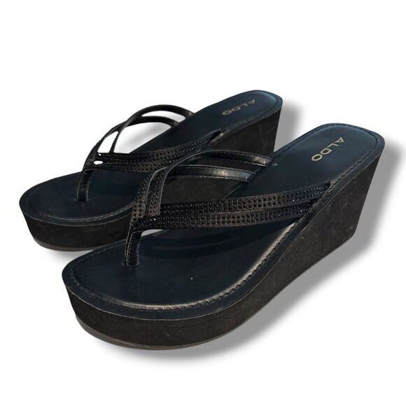Aldo Women's Black Wedge Sandals Size 8 Rhinestone Flip Flop - Picture 3 of 7